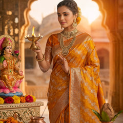 Mustard Yellow Banarasi Silk Saree with Intricate Zari Woven Border & Rich Pallu for Women