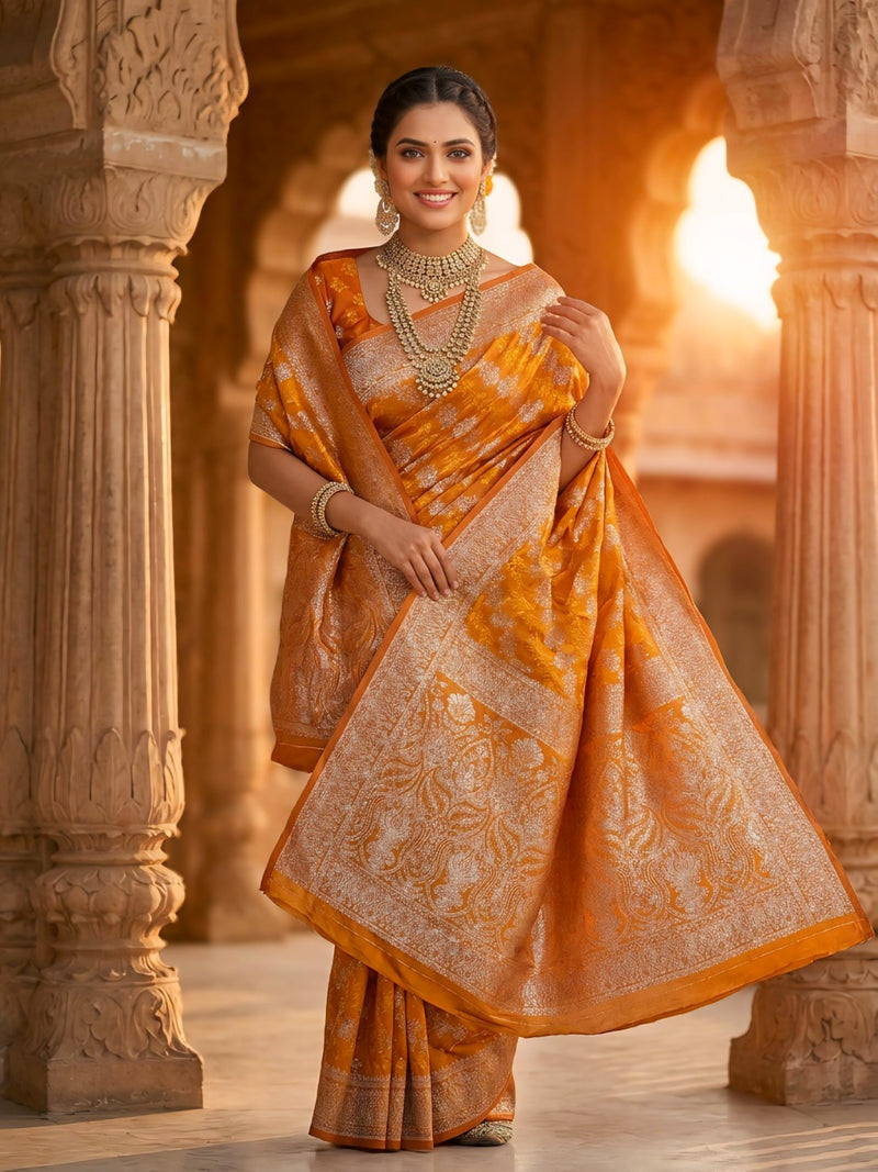 Mustard Yellow Banarasi Silk Saree with Intricate Zari Woven Border & Rich Pallu for Women