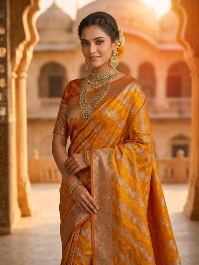 Mustard Yellow Banarasi Silk Saree with Intricate Zari Woven Border & Rich Pallu for Women