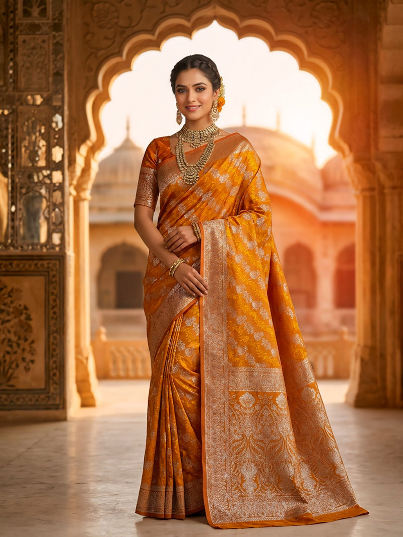 Mustard Yellow Banarasi Silk Saree with Intricate Zari Woven Border & Rich Pallu for Women