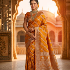 Mustard Yellow Banarasi Silk Saree with Intricate Zari Woven Border & Rich Pallu for Women
