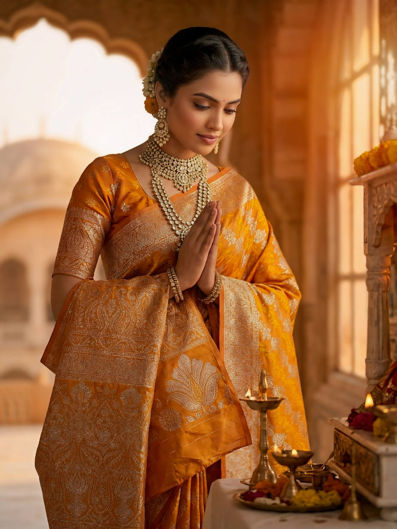 Mustard Yellow Banarasi Silk Saree with Intricate Zari Woven Border & Rich Pallu for Women