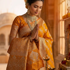 Mustard Yellow Banarasi Silk Saree with Intricate Zari Woven Border & Rich Pallu for Women