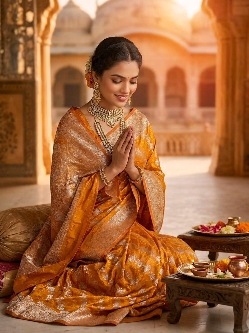 Mustard Yellow Banarasi Silk Saree with Intricate Zari Woven Border & Rich Pallu for Women