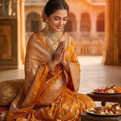 Mustard Yellow Banarasi Silk Saree with Intricate Zari Woven Border & Rich Pallu for Women
