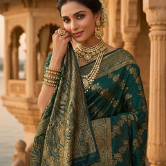 Emerald Green Banarasi Silk Saree with Golden Zari Woven Design & Rich Pallu for Women
