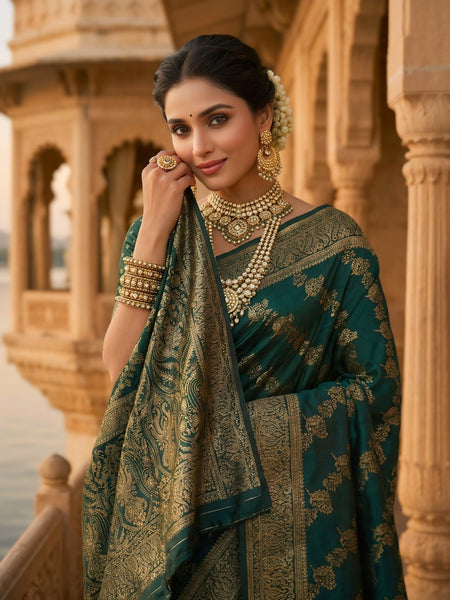 Emerald Green Banarasi Silk Saree with Golden Zari Woven Design & Rich Pallu for Women