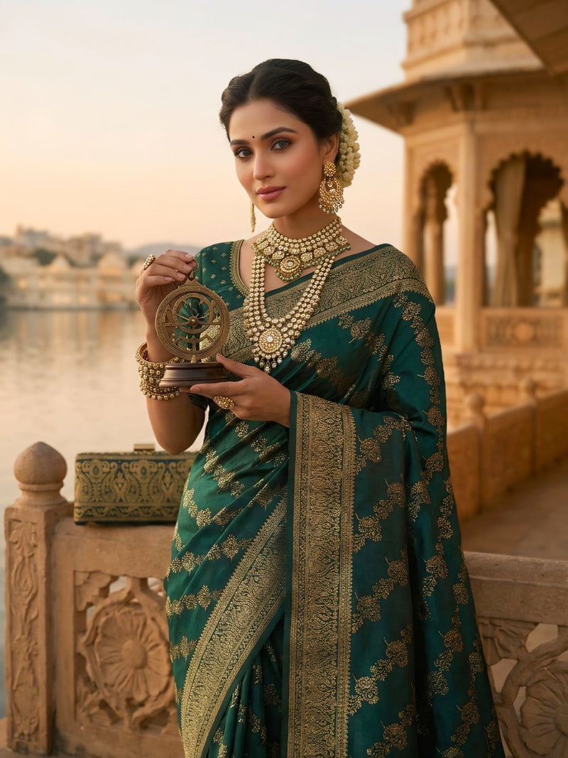 Emerald Green Banarasi Silk Saree with Golden Zari Woven Design & Rich Pallu for Women