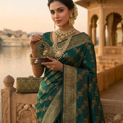 Emerald Green Banarasi Silk Saree with Golden Zari Woven Design & Rich Pallu for Women