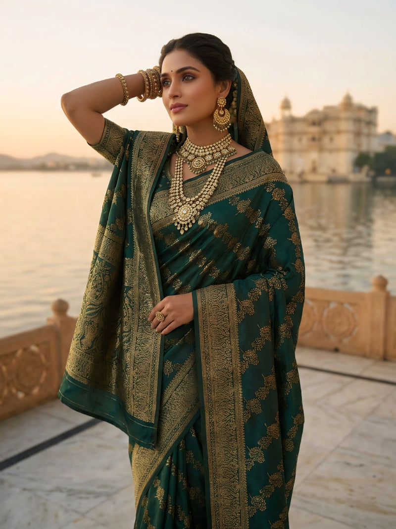 Emerald Green Banarasi Silk Saree with Golden Zari Woven Design & Rich Pallu for Women