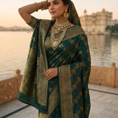 Emerald Green Banarasi Silk Saree with Golden Zari Woven Design & Rich Pallu for Women
