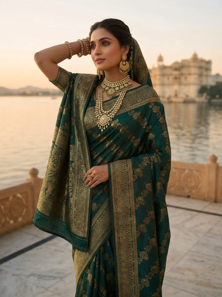 Emerald Green Banarasi Silk Saree with Golden Zari Woven Design & Rich Pallu for Women