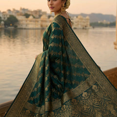Emerald Green Banarasi Silk Saree with Golden Zari Woven Design & Rich Pallu for Women