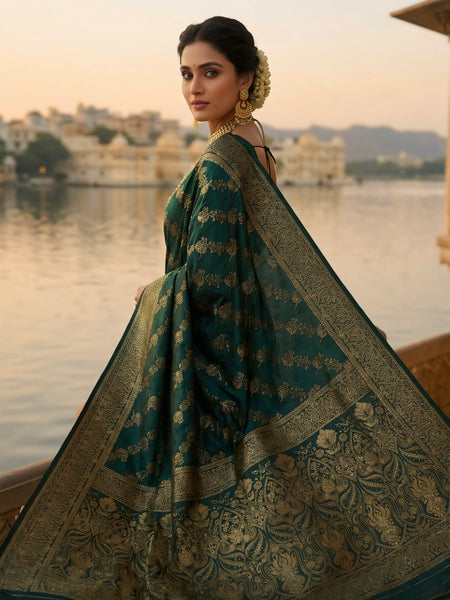 Emerald Green Banarasi Silk Saree with Golden Zari Woven Design & Rich Pallu for Women