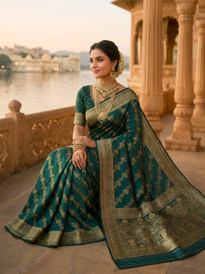 Emerald Green Banarasi Silk Saree with Golden Zari Woven Design & Rich Pallu for Women