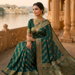 Emerald Green Banarasi Silk Saree with Golden Zari Woven Design & Rich Pallu for Women