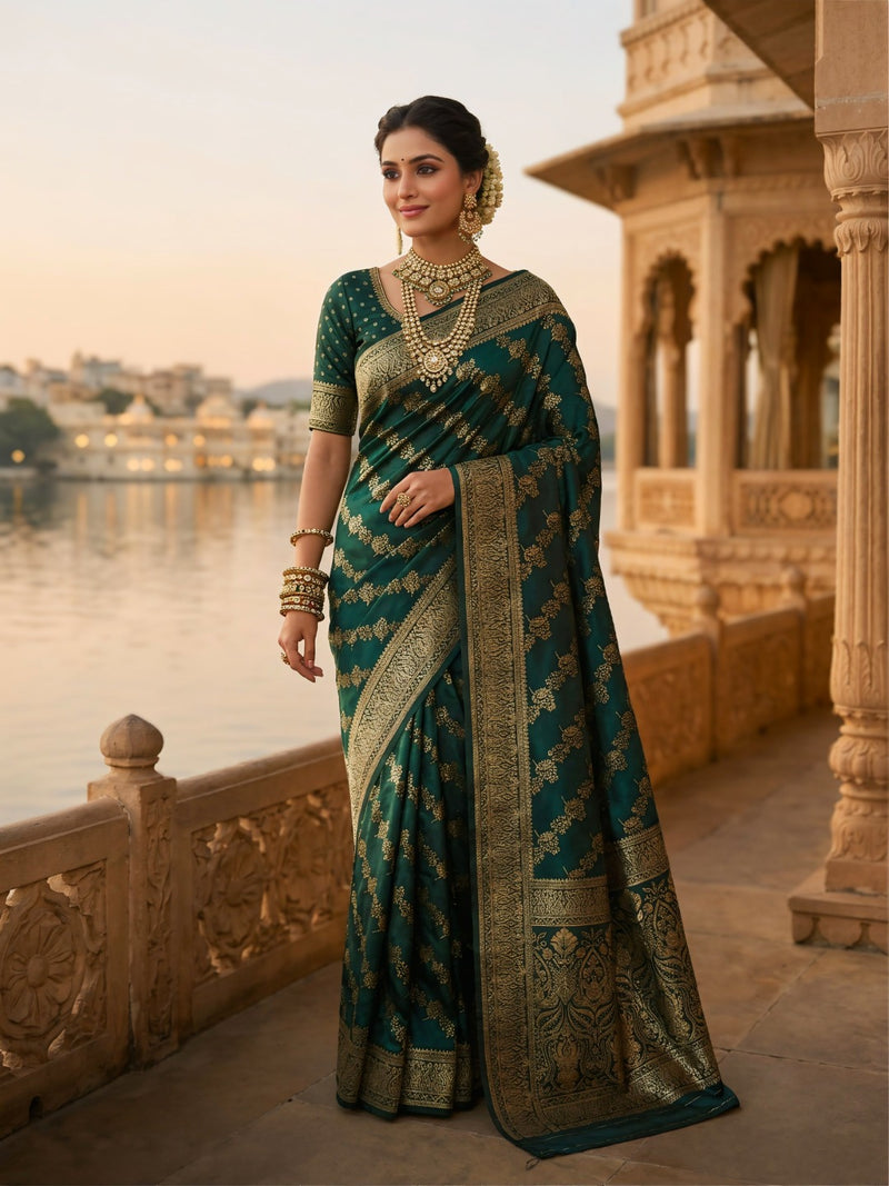Emerald Green Banarasi Silk Saree with Golden Zari Woven Design & Rich Pallu for Women