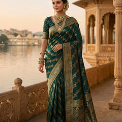 Emerald Green Banarasi Silk Saree with Golden Zari Woven Design & Rich Pallu for Women