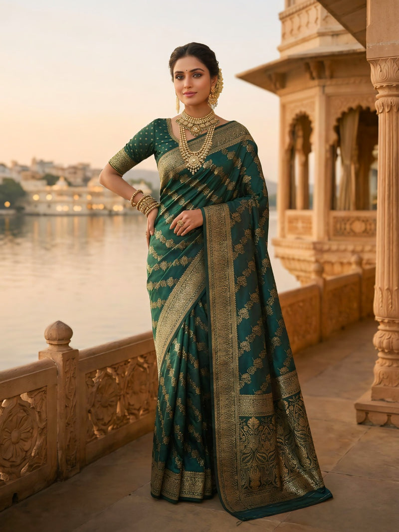 Emerald Green Banarasi Silk Saree with Golden Zari Woven Design & Rich Pallu for Women