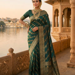 Emerald Green Banarasi Silk Saree with Golden Zari Woven Design & Rich Pallu for Women