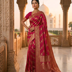 Rani Pink Banarasi Silk Saree with Golden Zari Woven Design & Grand Pallu for Women