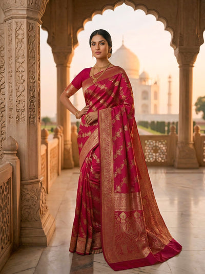 Rani Pink Banarasi Silk Saree with Golden Zari Woven Design & Grand Pallu for Women