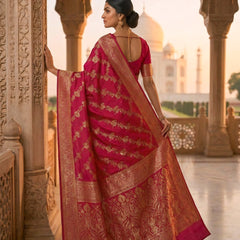 Rani Pink Banarasi Silk Saree with Golden Zari Woven Design & Grand Pallu for Women