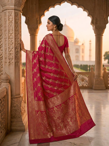 Rani Pink Banarasi Silk Saree with Golden Zari Woven Design & Grand Pallu for Women
