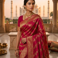 Rani Pink Banarasi Silk Saree with Golden Zari Woven Design & Grand Pallu for Women