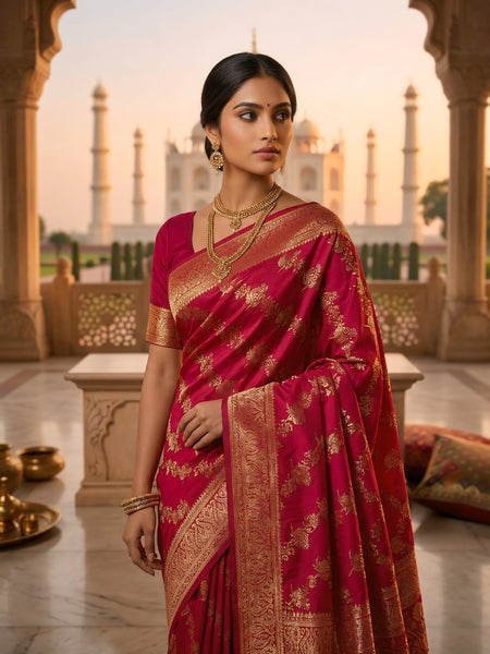 Rani Pink Banarasi Silk Saree with Golden Zari Woven Design & Grand Pallu for Women