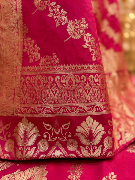 Rani Pink Banarasi Silk Saree with Golden Zari Woven Design & Grand Pallu for Women
