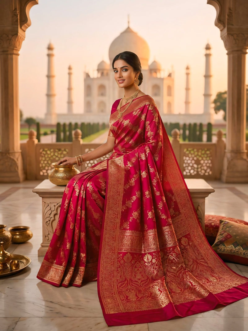 Rani Pink Banarasi Silk Saree with Golden Zari Woven Design & Grand Pallu for Women