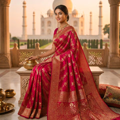 Rani Pink Banarasi Silk Saree with Golden Zari Woven Design & Grand Pallu for Women