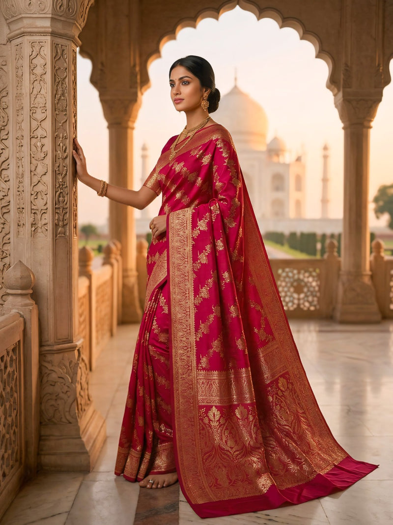 Rani Pink Banarasi Silk Saree with Golden Zari Woven Design & Grand Pallu for Women