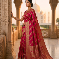 Rani Pink Banarasi Silk Saree with Golden Zari Woven Design & Grand Pallu for Women