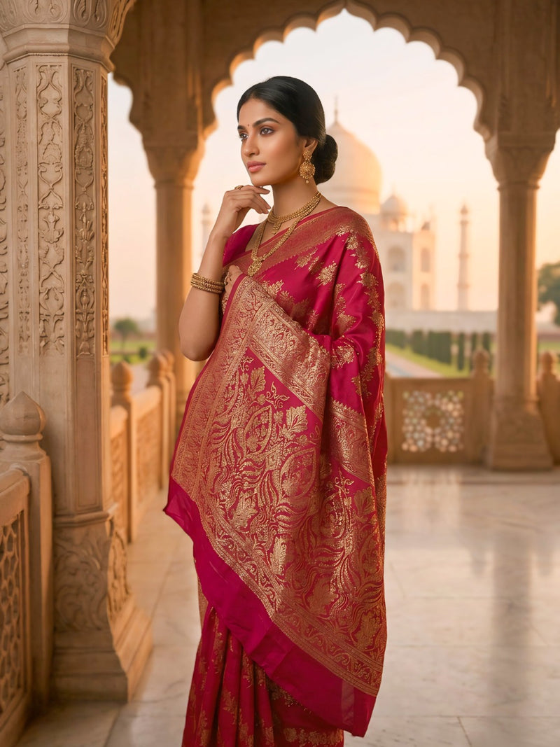 Rani Pink Banarasi Silk Saree with Golden Zari Woven Design & Grand Pallu for Women
