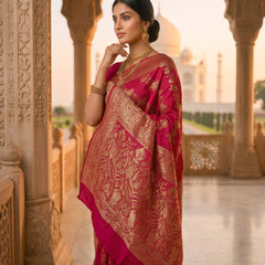 Rani Pink Banarasi Silk Saree with Golden Zari Woven Design & Grand Pallu for Women