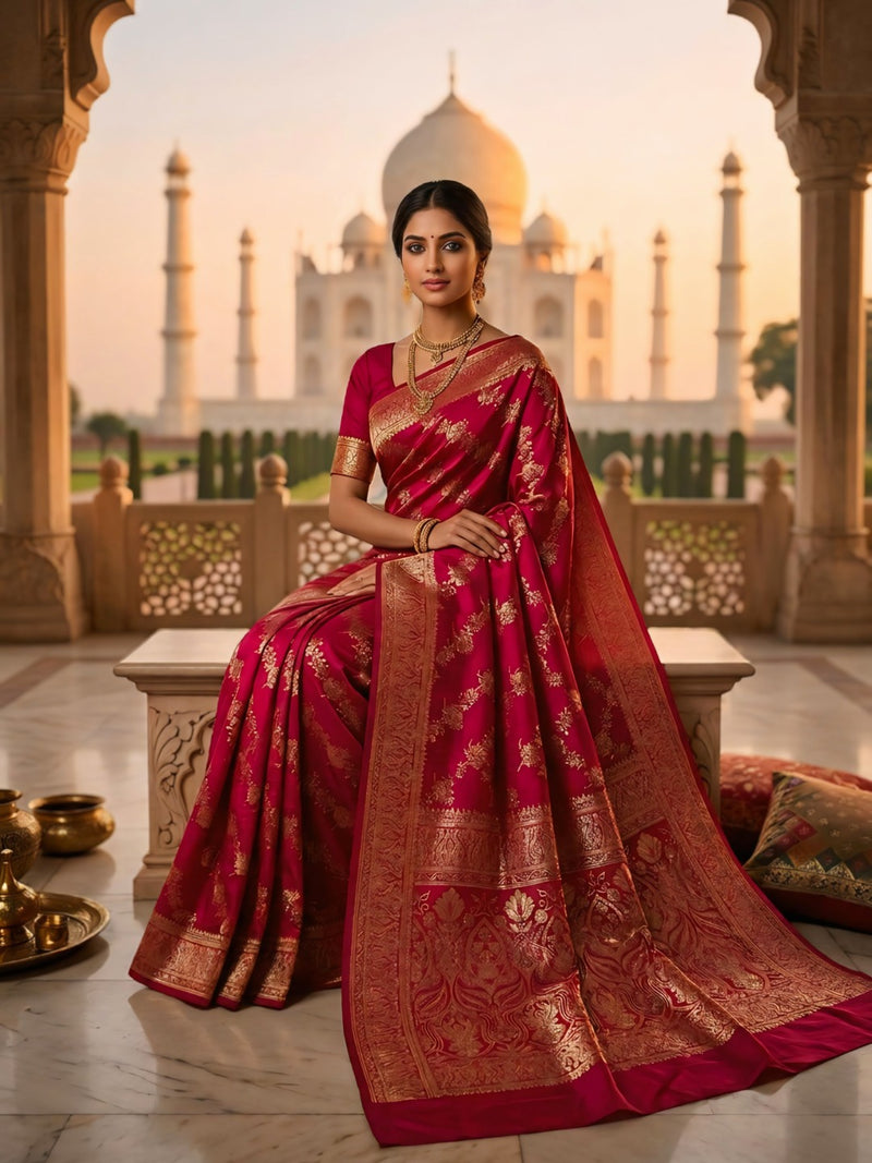 Rani Pink Banarasi Silk Saree with Golden Zari Woven Design & Grand Pallu for Women