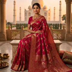 Rani Pink Banarasi Silk Saree with Golden Zari Woven Design & Grand Pallu for Women