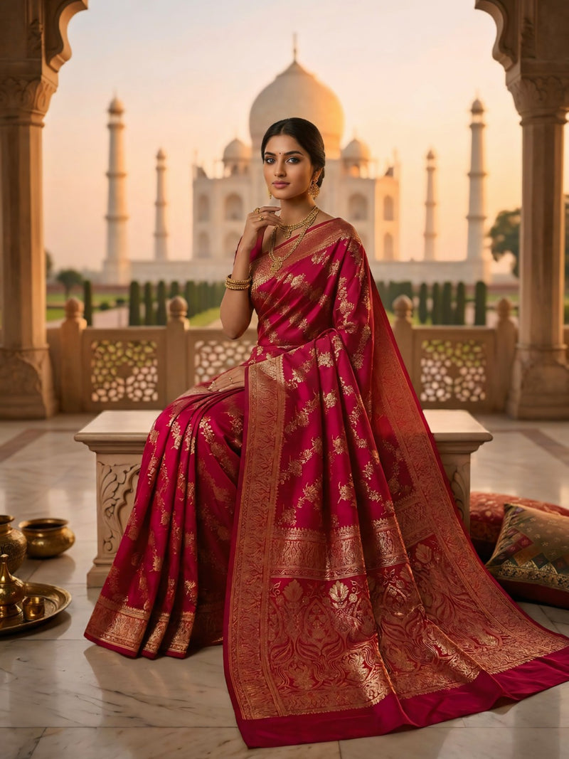 Rani Pink Banarasi Silk Saree with Golden Zari Woven Design & Grand Pallu for Women