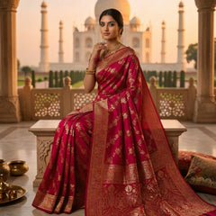 Rani Pink Banarasi Silk Saree with Golden Zari Woven Design & Grand Pallu for Women