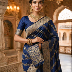 Navy Blue Banarasi Silk Saree with Golden Zari Woven Design & Grand Pallu for Women