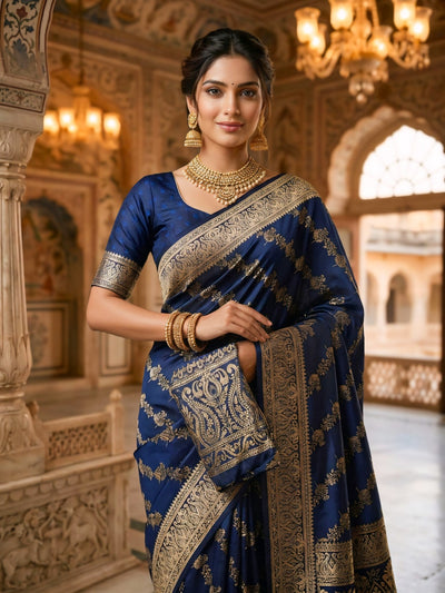 Navy Blue Banarasi Silk Saree with Golden Zari Woven Design & Grand Pallu for Women