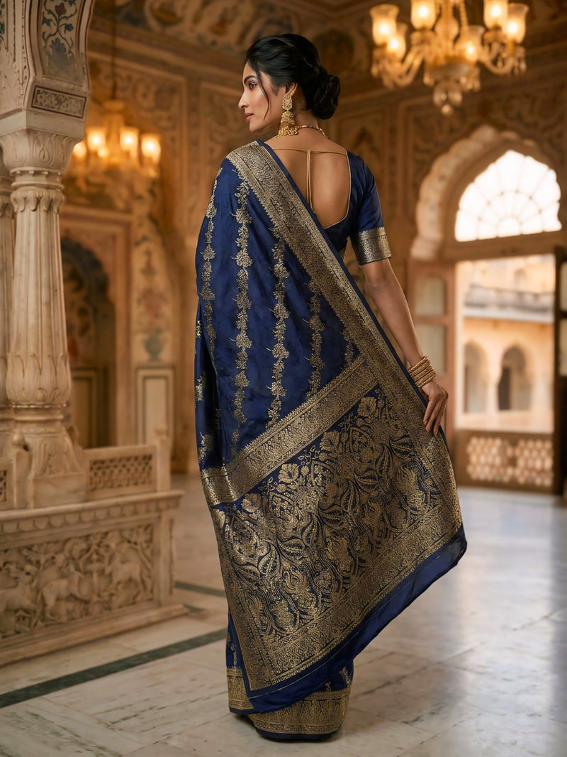 Navy Blue Banarasi Silk Saree with Golden Zari Woven Design & Grand Pallu for Women