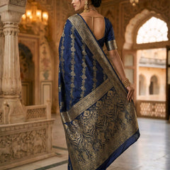 Navy Blue Banarasi Silk Saree with Golden Zari Woven Design & Grand Pallu for Women