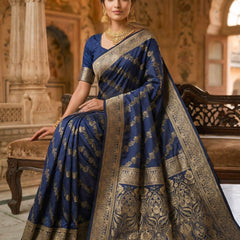 Navy Blue Banarasi Silk Saree with Golden Zari Woven Design & Grand Pallu for Women
