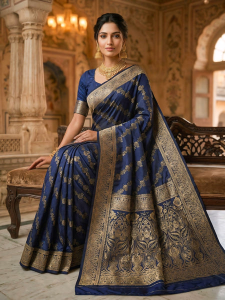 Navy Blue Banarasi Silk Saree with Golden Zari Woven Design & Grand Pallu for Women