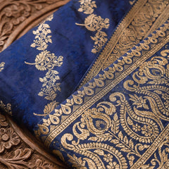 Navy Blue Banarasi Silk Saree with Golden Zari Woven Design & Grand Pallu for Women