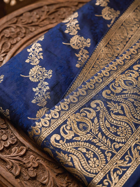 Navy Blue Banarasi Silk Saree with Golden Zari Woven Design & Grand Pallu for Women