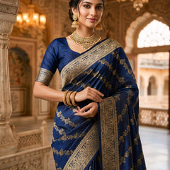 Navy Blue Banarasi Silk Saree with Golden Zari Woven Design & Grand Pallu for Women